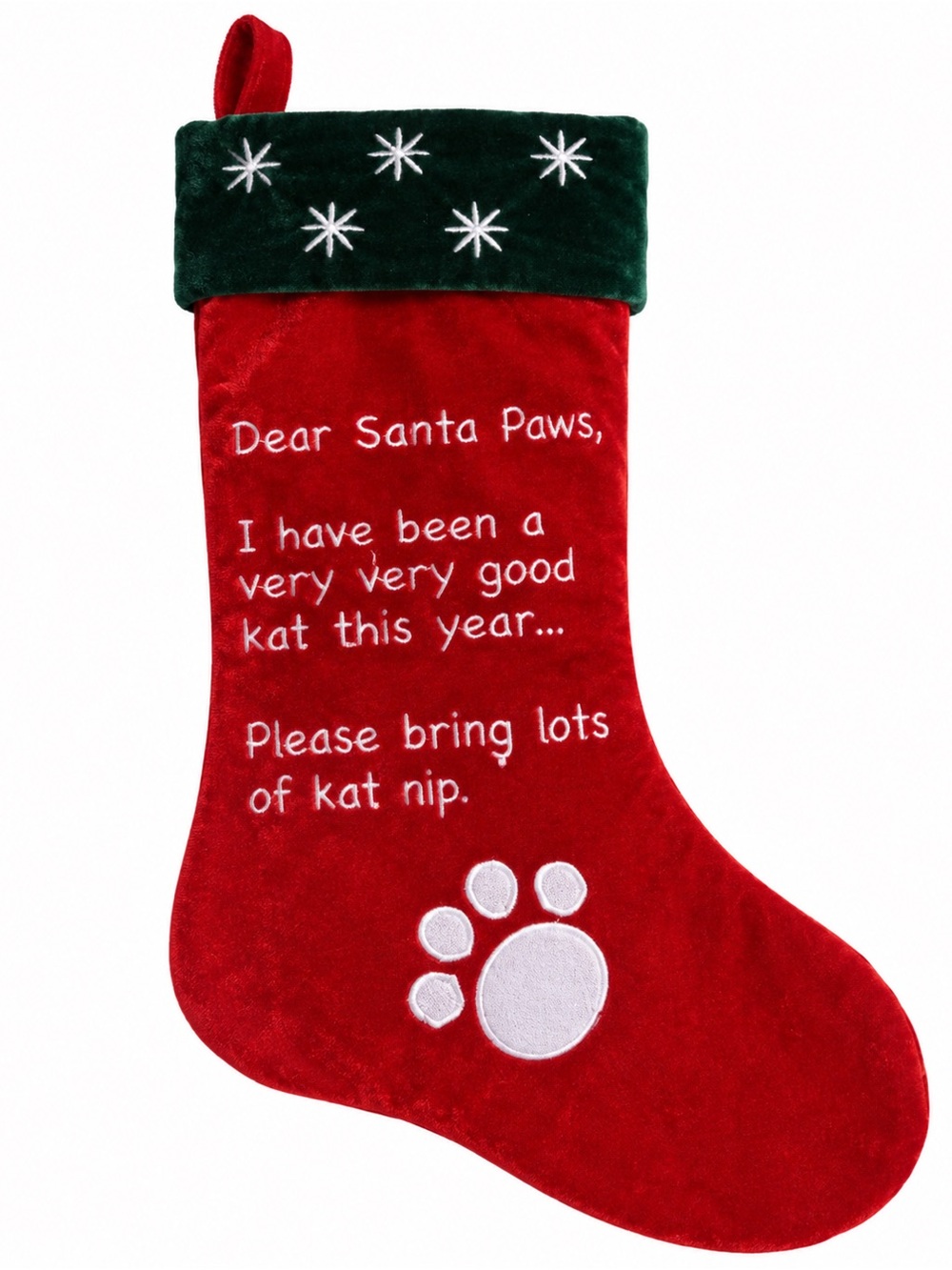 Amazon Red Plush Cat Stocking with Green Cuff and White Paw Embroidery